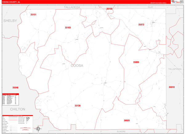 Coosa County, AL Wall Map Red Line Style