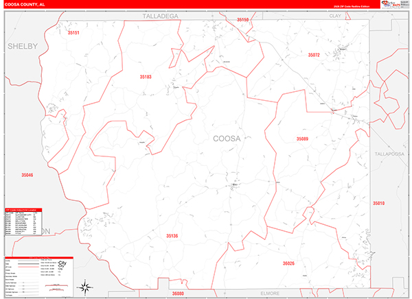 Coosa County, AL Wall Map Red Line Style