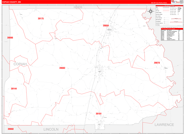 Copiah County, MS Wall Map Red Line Style