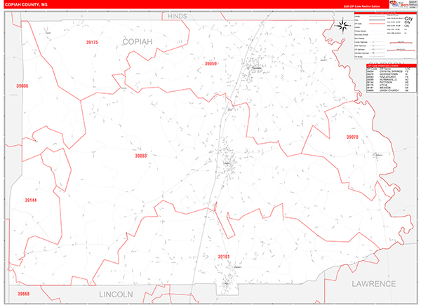 Copiah County, MS Wall Map Red Line Style