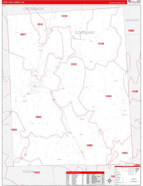 Cortland County, NY Wall Map Red Line Style