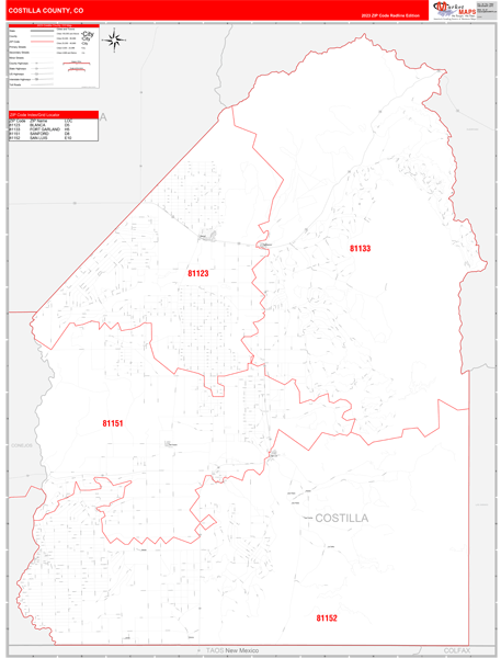 Costilla County Digital Map Red Line Style