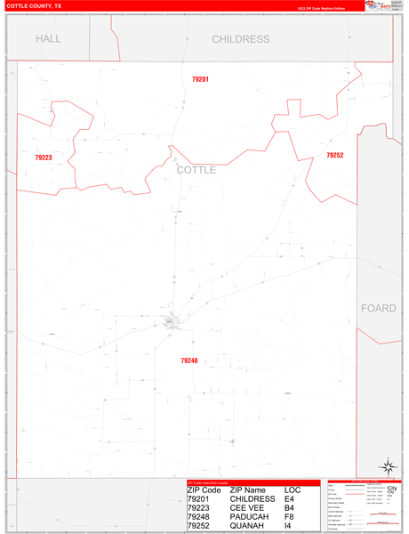 Cottle County, TX Zip Code Wall Map
