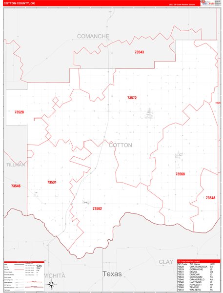Cotton County Wall Map Red Line Style