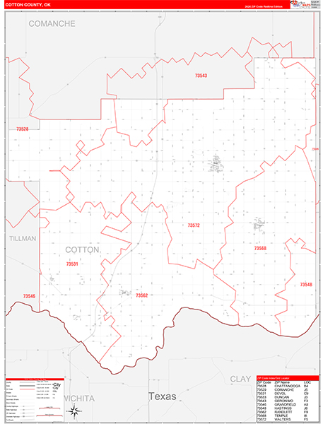Cotton County, OK Wall Map Red Line Style
