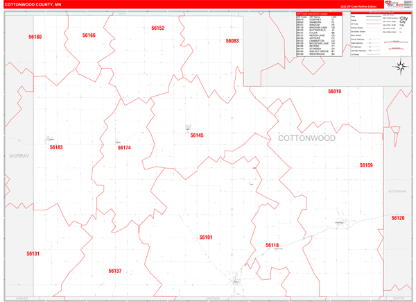 Cottonwood County Wall Map Red Line Style