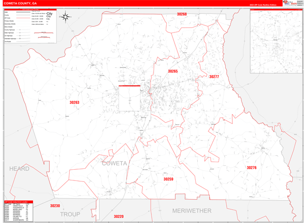 Coweta County GA Zip Code Wall Map Red Line Style by MarketMAPS MapSales