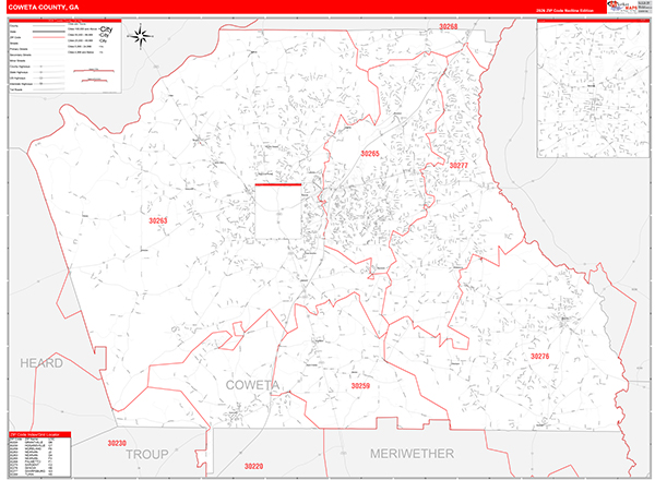 Coweta County Wall Map Red Line Style