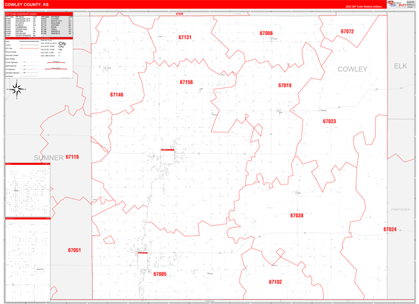 Cowley County Wall Map Red Line Style