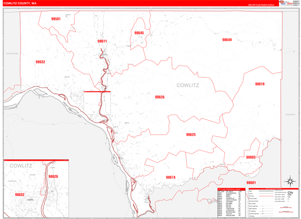 Cowlitz County WA Zip Code Wall Map Red Line Style by MarketMAPS