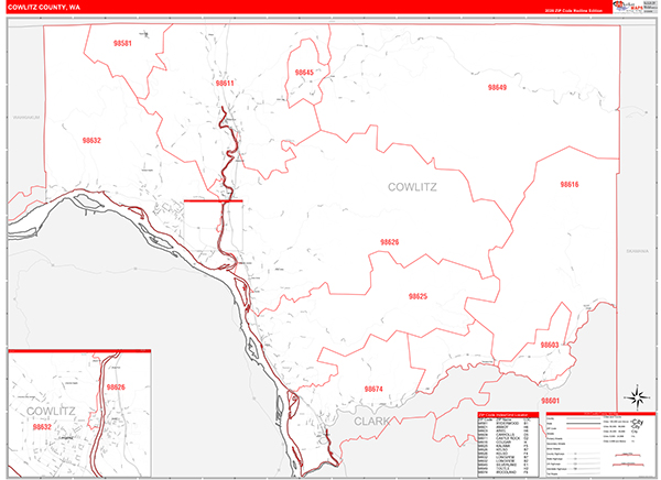 Cowlitz County, WA Zip Code Wall Map