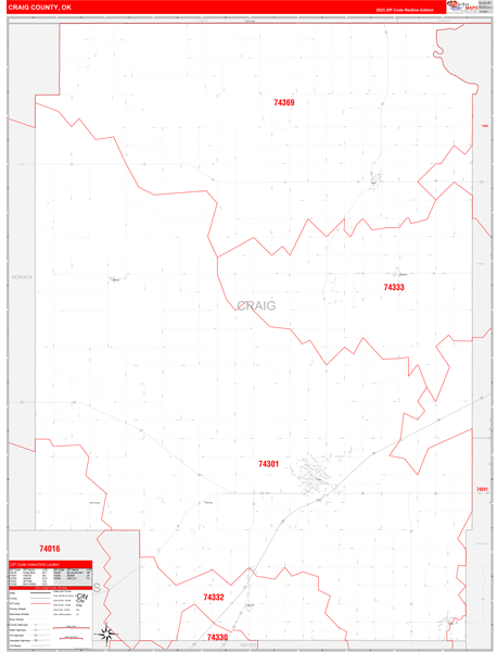Craig County, OK Zip Code Wall Map Red Line Style by MarketMAPS - MapSales
