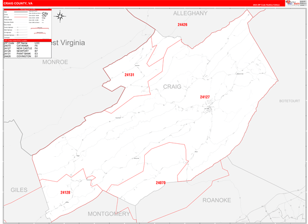 Craig County, VA Zip Code Wall Map