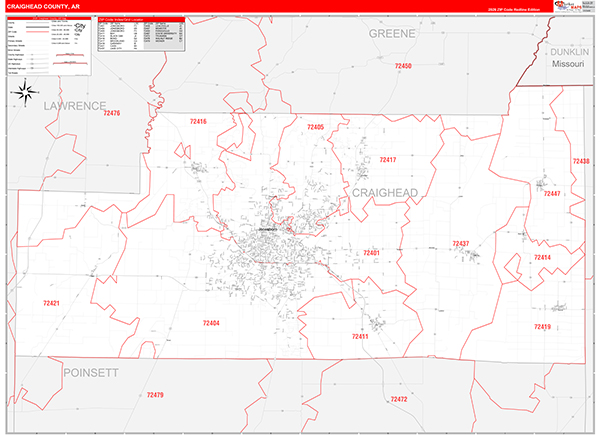 Craighead County, AR Wall Map Red Line Style