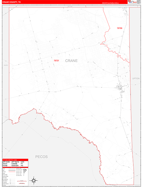 Crane County, TX Wall Map Red Line Style