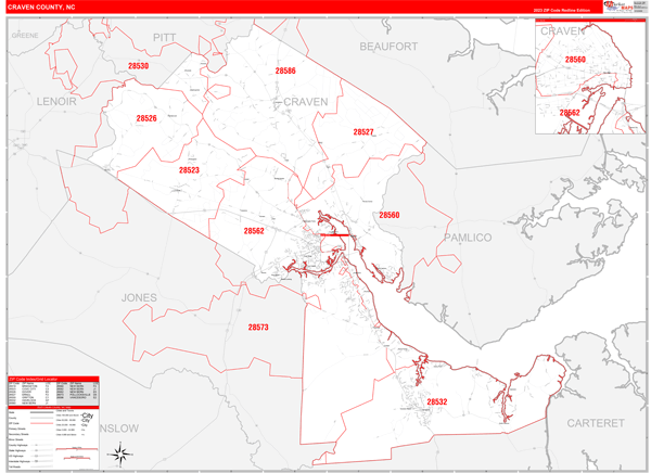 Craven County Digital Map Red Line Style