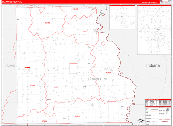 Crawford County, IL Wall Map Red Line Style