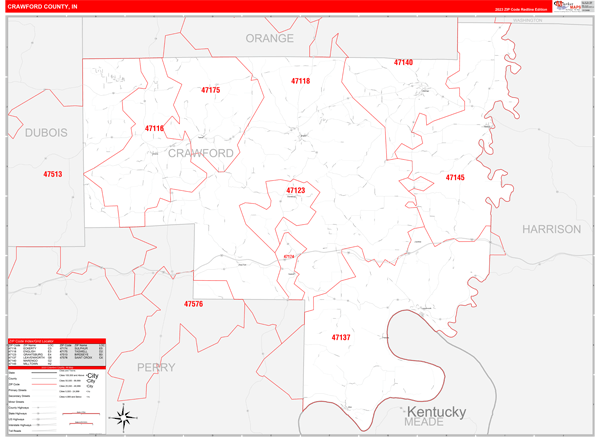 Crawford County, IN Map Red Line Style