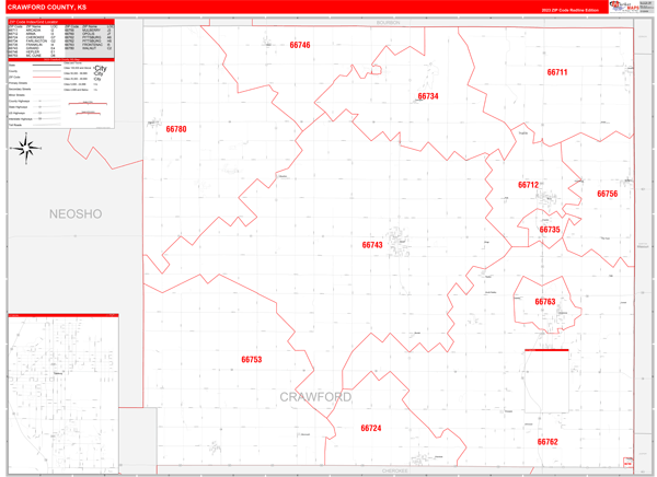 Crawford County, KS Wall Map Red Line Style