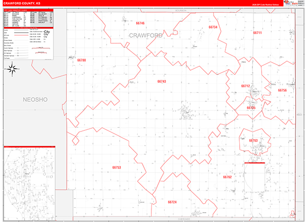 Crawford County, KS Wall Map Red Line Style