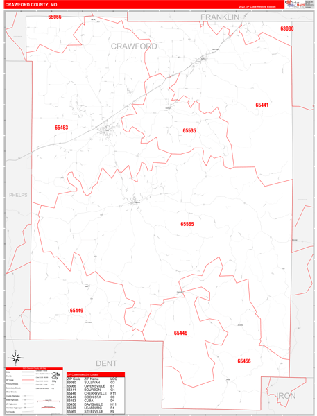 Crawford County, MO Zip Code Wall Map