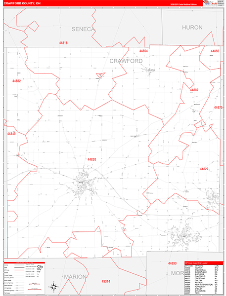 Crawford County, OH Wall Map Red Line Style