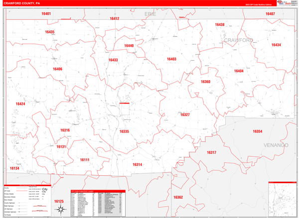 Crawford County, PA Zip Code Wall Map - Red Line