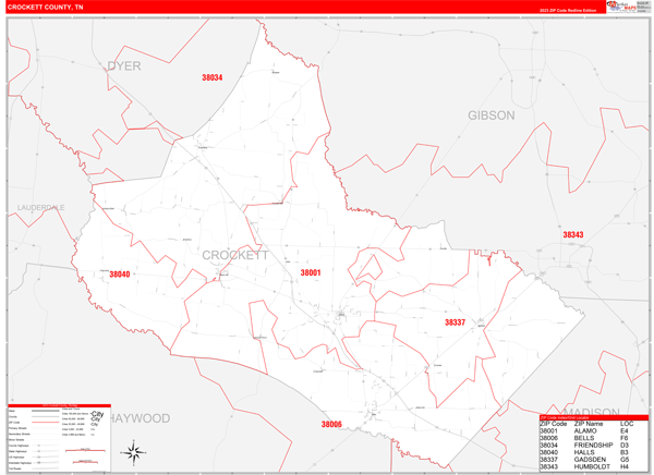 Crockett County Wall Map Red Line Style