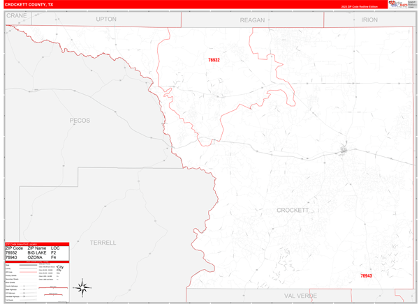 Crockett County, TX Wall Map Red Line Style