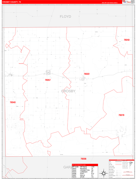Crosby County Tx Zip Code Wall Map Red Line Style By Marketmaps Mapsales