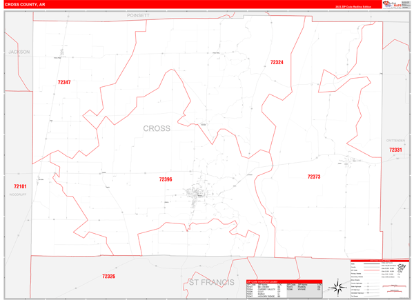 Cross County, AR Wall Map Red Line Style