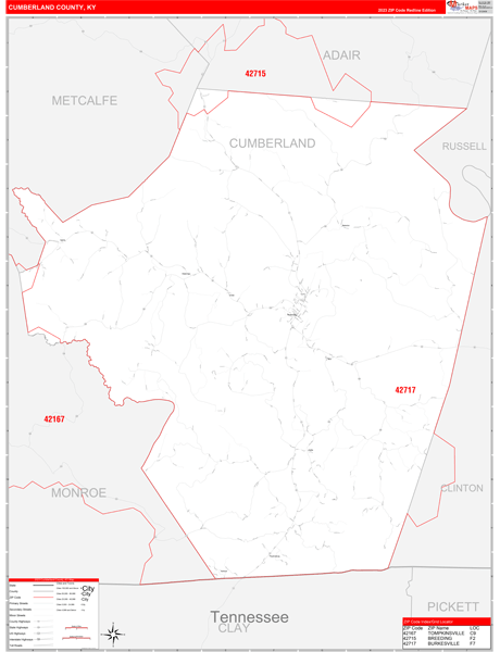Cumberland County, KY Zip Code Wall Map