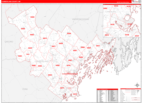 Cumberland County, ME Wall Map Red Line Style