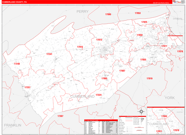 Cumberland County Wall Map Red Line Style