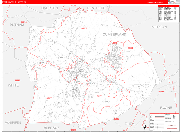 Cumberland County, TN Wall Map Red Line Style