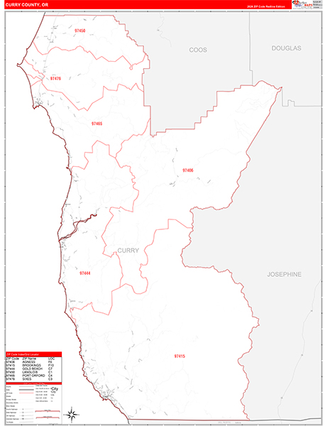 Curry County, OR Wall Map Red Line Style