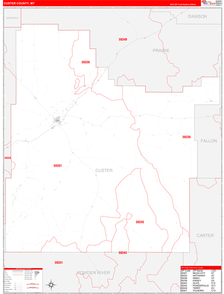 Custer County Wall Map Red Line Style