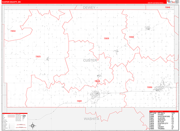 Custer County, OK Zip Code Wall Map