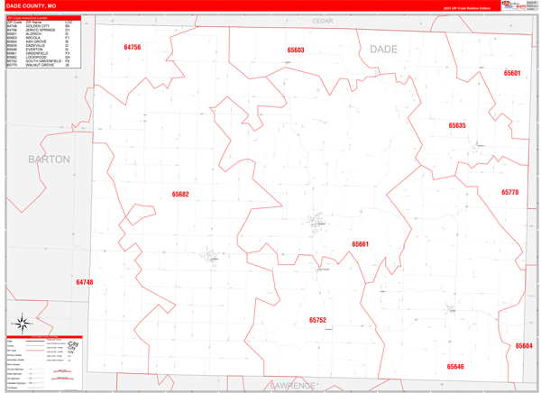 Dade County, MO Zip Code Wall Map