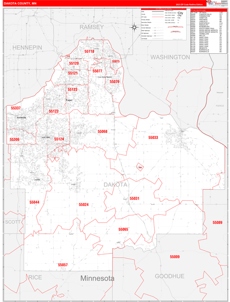 Dakota County, MN Wall Map Red Line Style