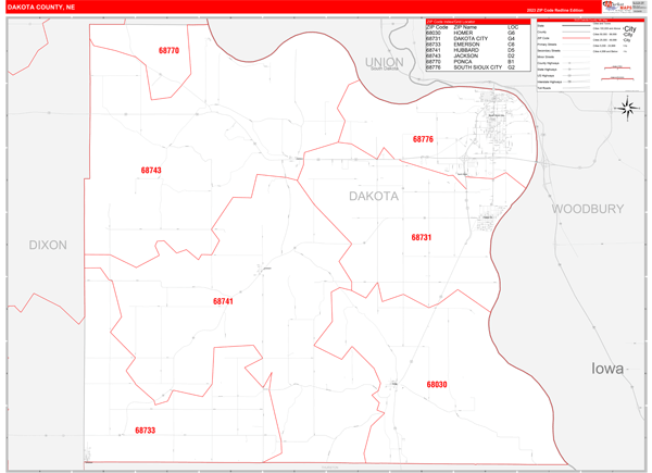 Dakota County, NE Wall Map Red Line Style
