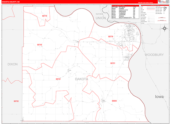 Dakota County, NE Map Red Line Style