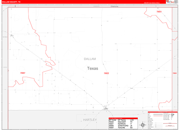 Dallam County, TX Wall Map Red Line Style