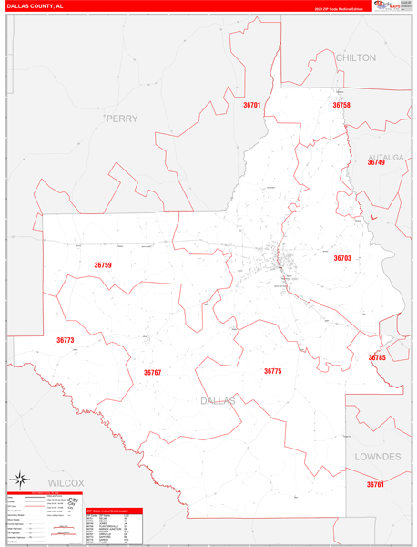 Dallas County, AL Zip Code Wall Map