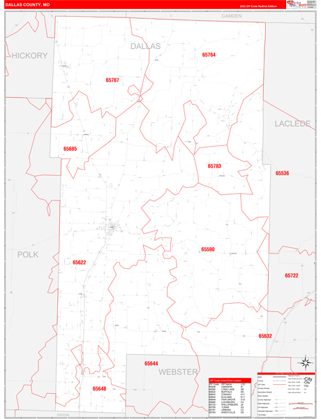 Dallas County, MO Zip Code Wall Map Red Line Style by MarketMAPS