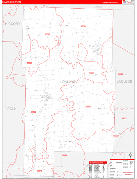 Dallas County, MO Map Red Line Style