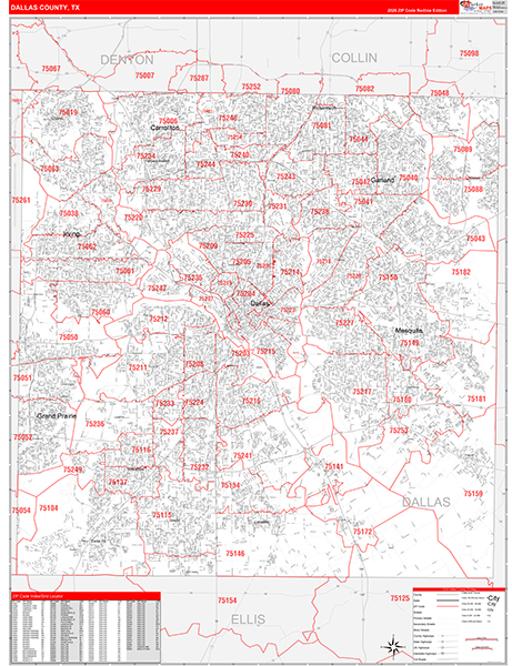 Dallas County, TX Wall Map Red Line Style