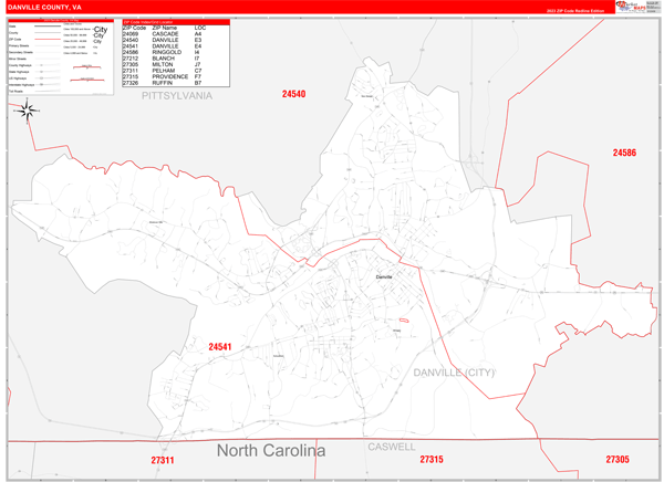 Danville County Wall Map Red Line Style