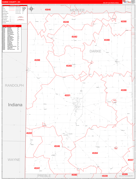 Darke County Wall Map Red Line Style
