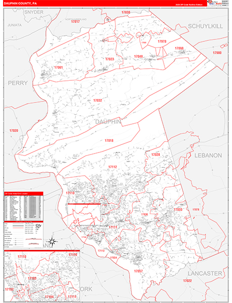 Dauphin County, PA Wall Map Red Line Style